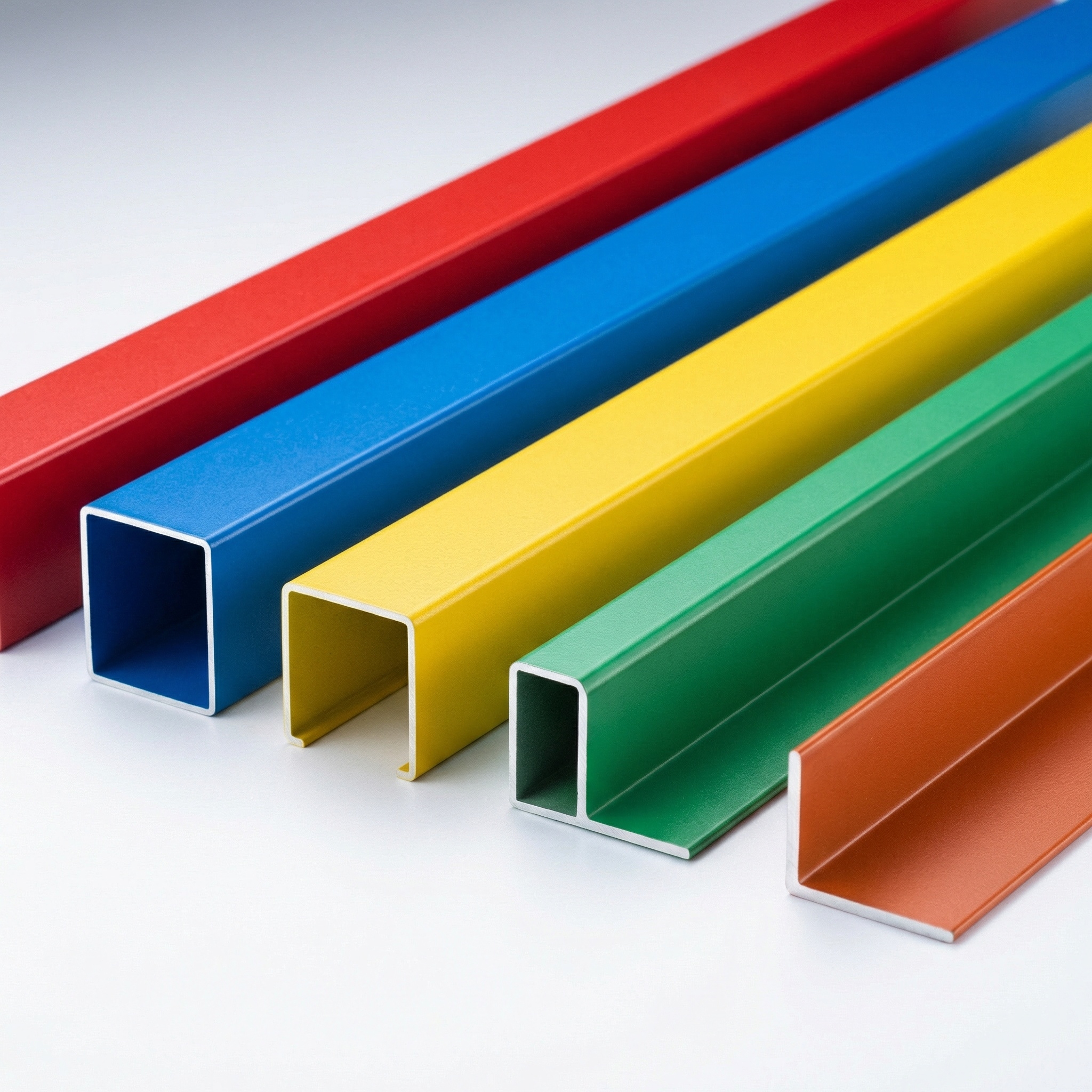 Close-up of colorful powder-coated surfaces